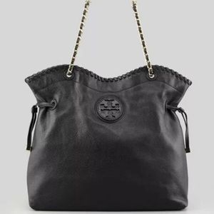 Tory Burch Black Marion Large Tote Purse Bag Pebbled Leather Gold Chain Slouchy
